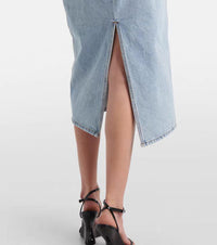 Blue Spring Summer Modern Urban Women Power Sense Three Pleated Rose Washed Denim Pencil Skirt