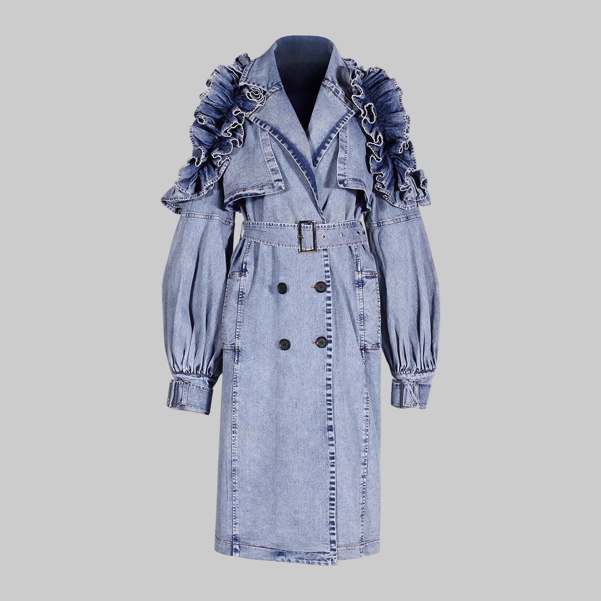 Blue Denim Ruffle Shoulder Long Trench Coat