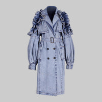 Blue Denim Ruffle Shoulder Long Trench Coat