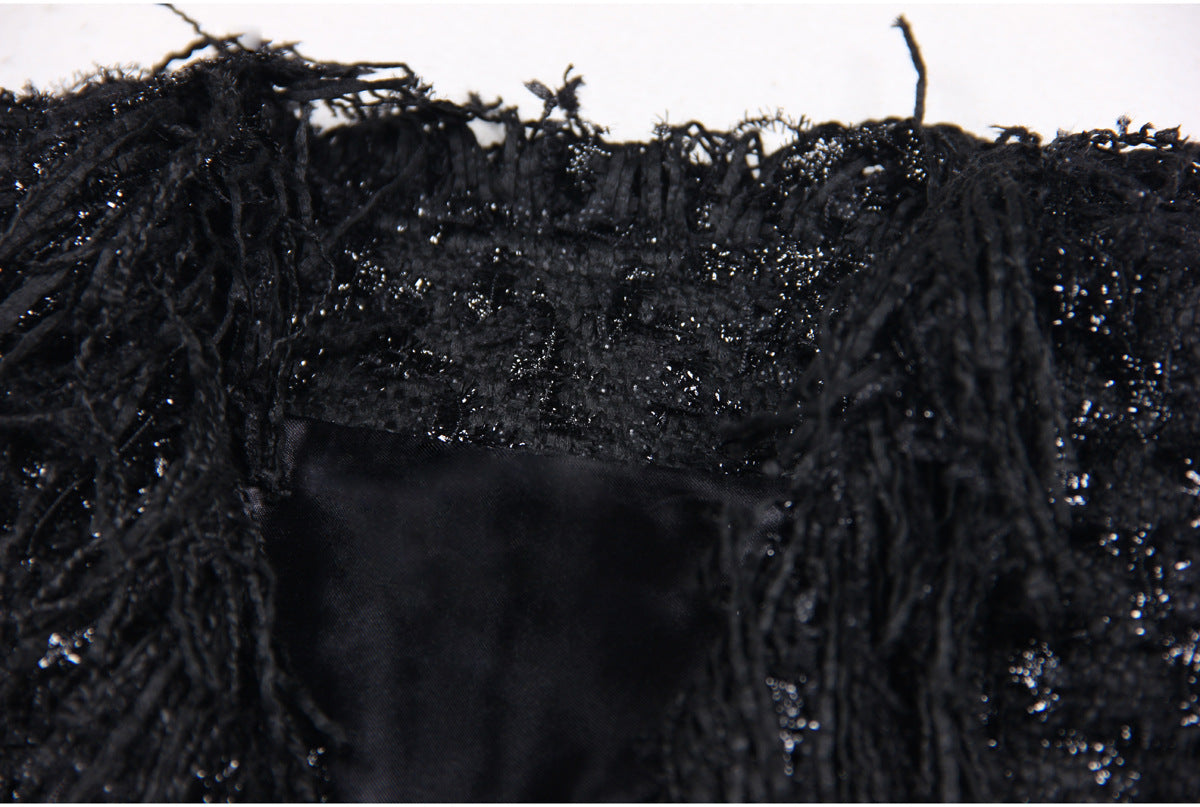 Black Silk Tweed Fringe Pocket Fastener Decoration Cardigan Women Coat Top