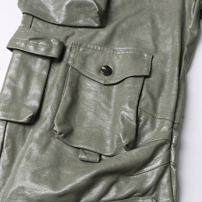Earthtone Unique Design Faux Leather Trousers - High Waist Straight Leg Pants for Women