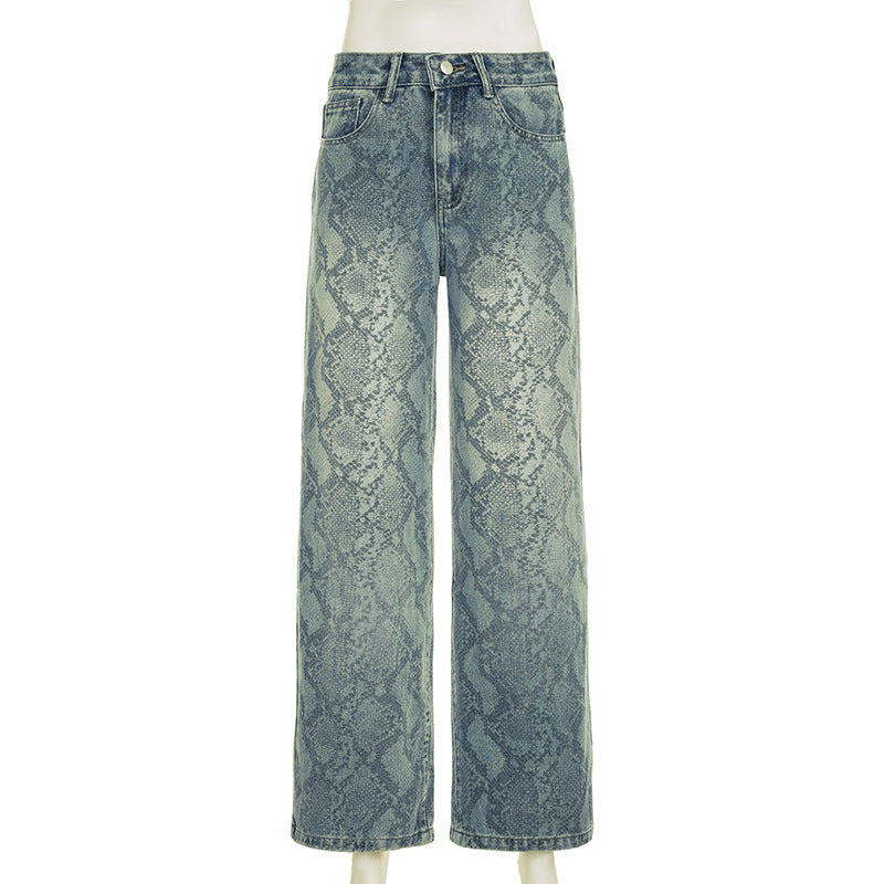 Earthtone Casual Street Snake Print Jeans Women Autumn High Waist Slimming Washed Drooping Straight Pants