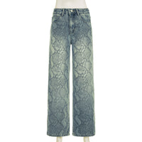 Earthtone Casual Street Snake Print Jeans Women Autumn High Waist Slimming Washed Drooping Straight Pants