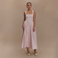 Spring French Pink Strap Dress - Elegant Large Swing Dress | Square Collar - Modestly Vogue