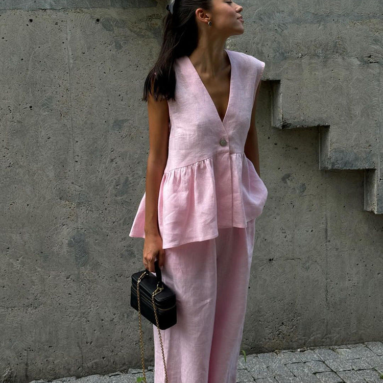 Cotton V neck Sleeveless Top Vest Trousers Women Solid Color Office Two Piece Sets - Modestly Vogue