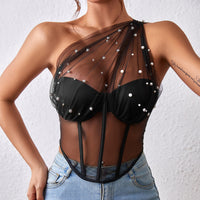 Sheer Mesh Boned Corset – Wrapped Chest with Steel Ring Detailing - Modestly Vogue