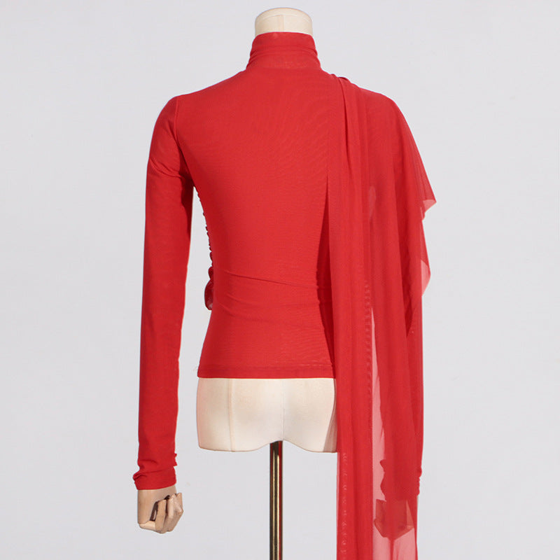 Deep Elegant T-Shirt for Women - Autumn Stand Collar Long Sleeve Mesh Slim Top