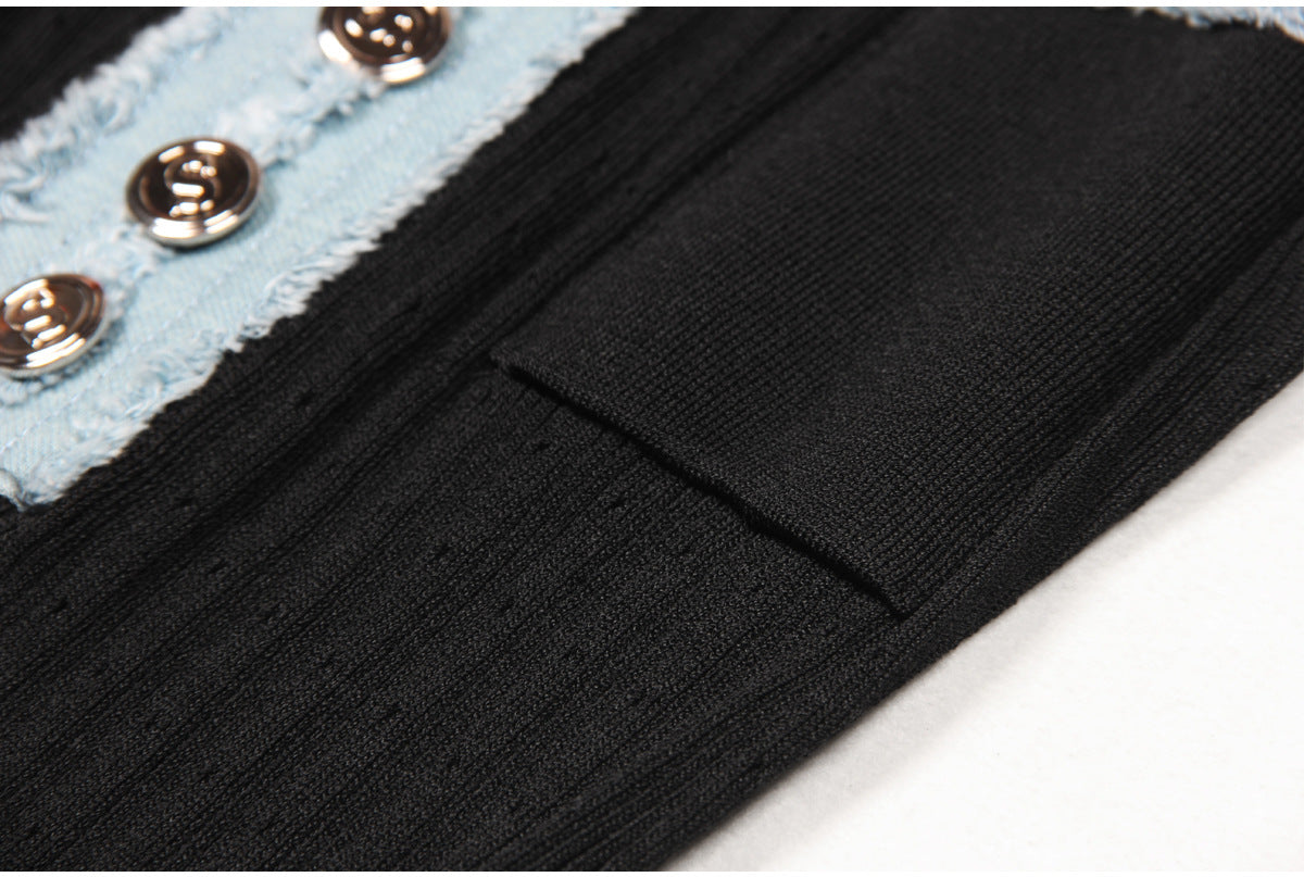 Black Short Sleeve Stitching Denim Simple Elegant Slim Slimming Long Knitted Dress Women