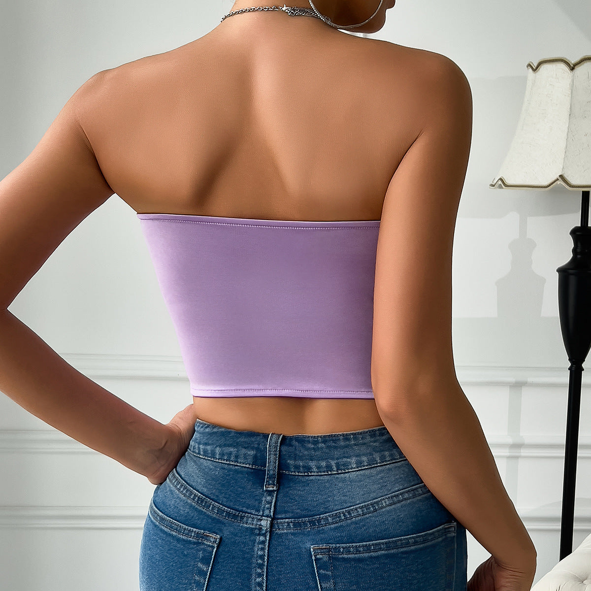 Low Cut Satin Butterfly Tube Top with Diamond Steel Ring Boning - Modestly Vogue
