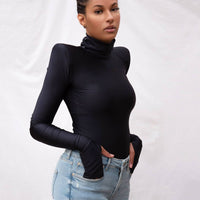 Black Women Winter High Collar Long Sleeve Finger Stall Slim