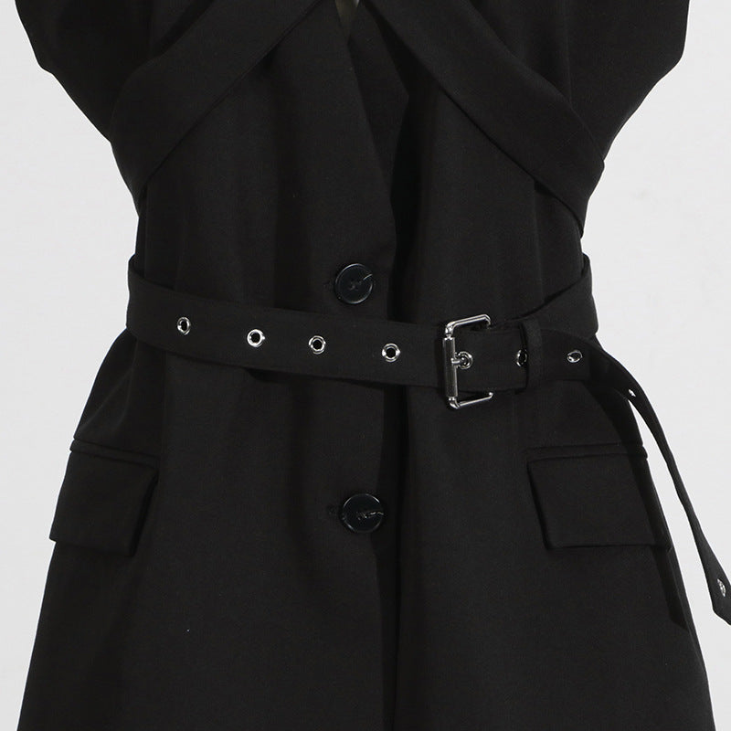 Black Blazer for Women - Simple Spring Autumn Sleeveless Belt Collared Design