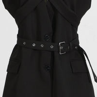 Black Blazer for Women - Simple Spring Autumn Sleeveless Belt Collared Design