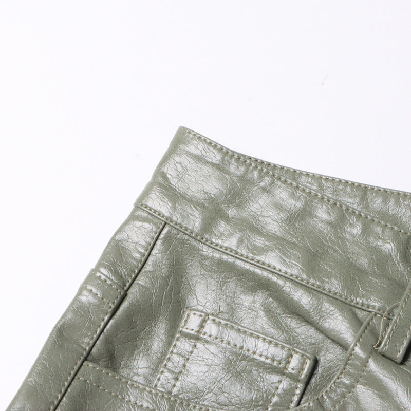 Earthtone Unique Design Faux Leather Trousers - High Waist Straight Leg Pants for Women