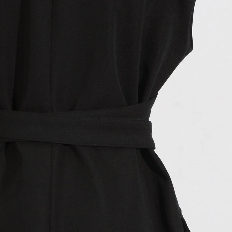 Black Blazer for Women - Simple Spring Autumn Sleeveless Belt Collared Design
