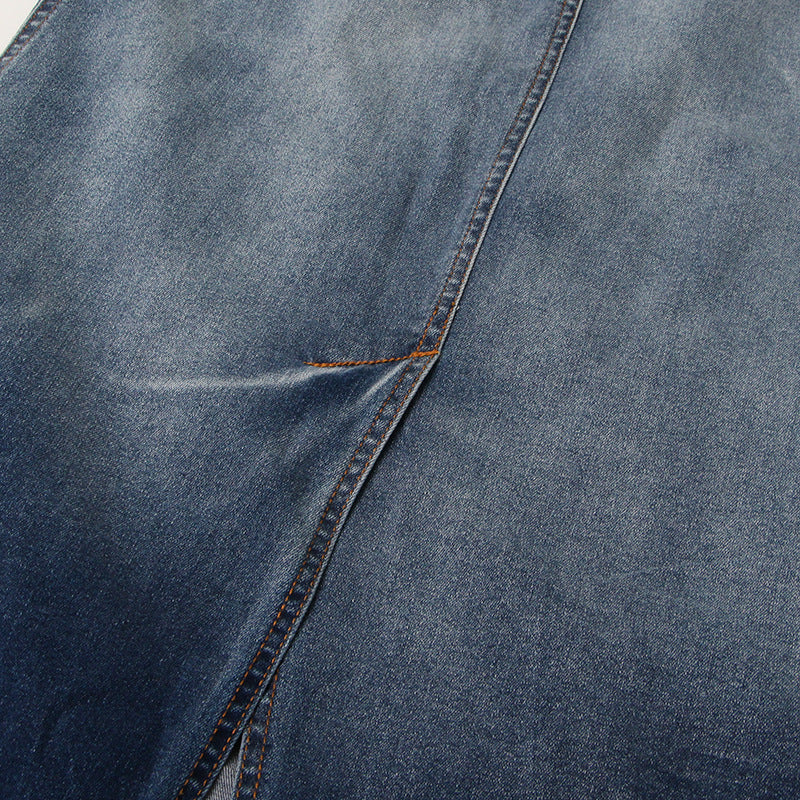 Blue Gradient Washed Denim Skirt for Women - Frayed Hem Split Slimming Design