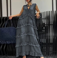 Casual Denim Ruffle Maxi Dress – Women’s Relaxed Lazy Style Long Dress - Modestly Vogue