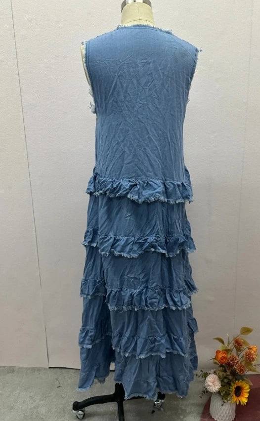 Casual Denim Ruffle Maxi Dress – Women’s Relaxed Lazy Style Long Dress - Modestly Vogue