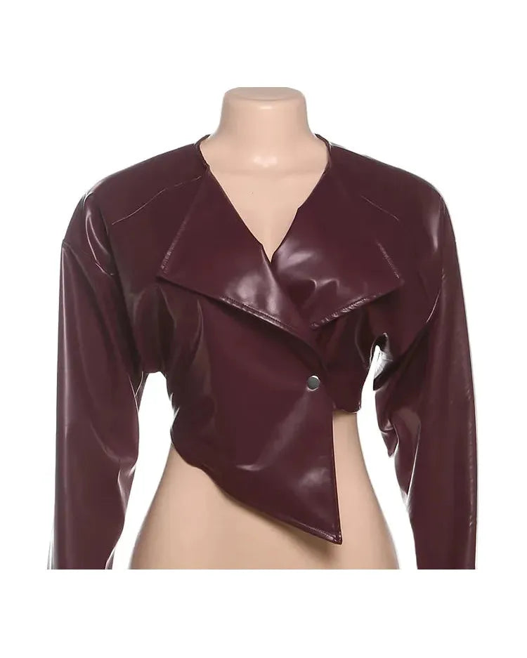 Deep Faux Leather Single Button Crop Jacket for Women - Autumn Trendy