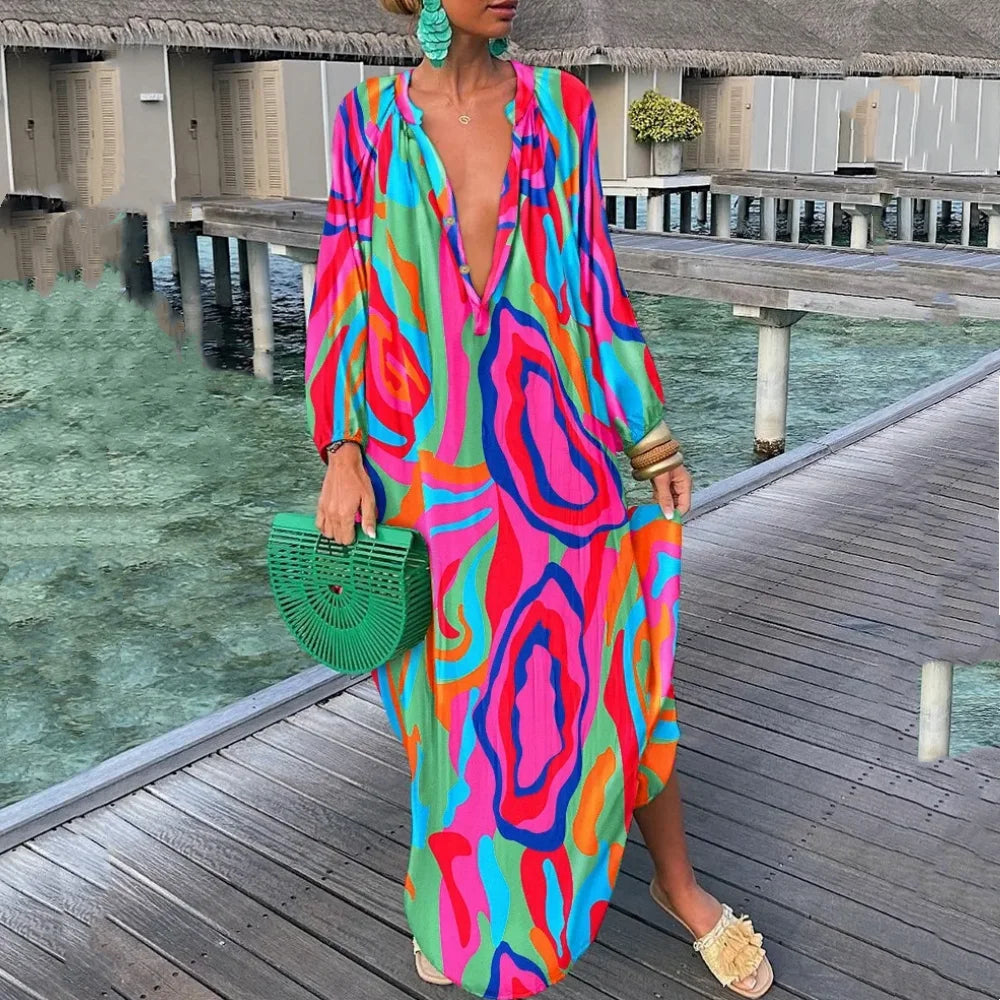 Elegant Retro Print Maxi Dress – Summer Casual V-Neck Fashion for Women - Modestly Vogue
