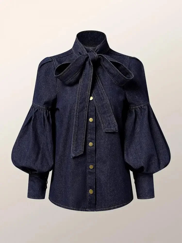 Women's Trendy Denim Puff Sleeve Blouse – Lightweight Long Sleeve Top - Modestly Vogue