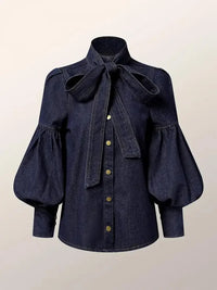 Women's Trendy Denim Puff Sleeve Blouse – Lightweight Long Sleeve Top - Modestly Vogue