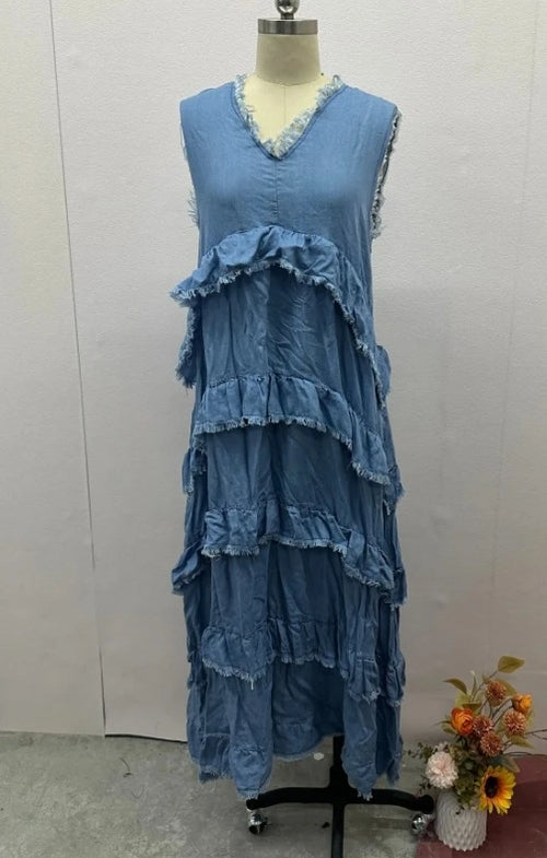Casual Denim Ruffle Maxi Dress – Women’s Relaxed Lazy Style Long Dress - Modestly Vogue