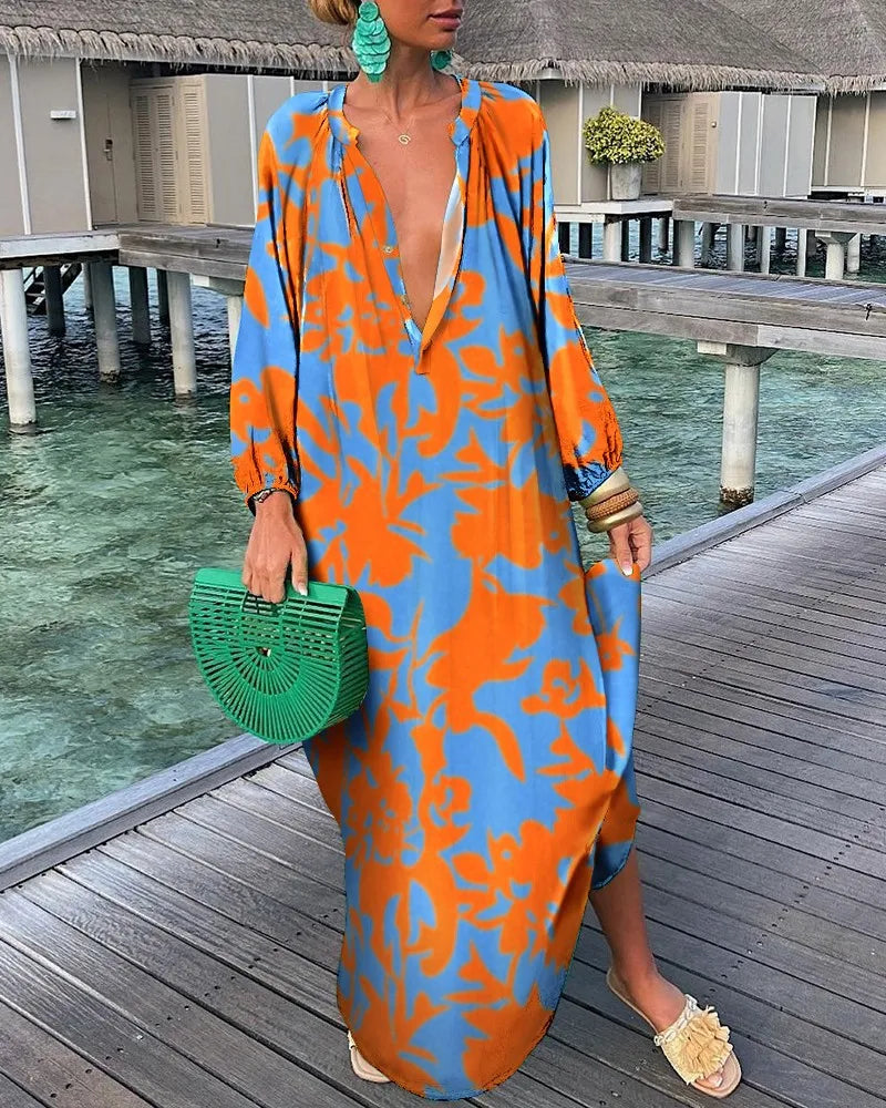Elegant Retro Print Maxi Dress – Summer Casual V-Neck Fashion for Women - Modestly Vogue