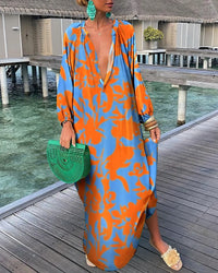 Elegant Retro Print Maxi Dress – Summer Casual V-Neck Fashion for Women - Modestly Vogue
