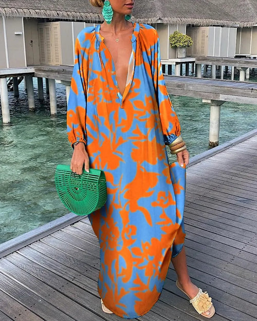 Elegant Retro Print Maxi Dress – Summer Casual V-Neck Fashion for Women - Modestly Vogue