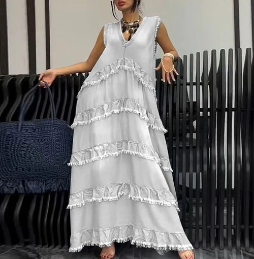 Casual Denim Ruffle Maxi Dress – Women’s Relaxed Lazy Style Long Dress - Modestly Vogue