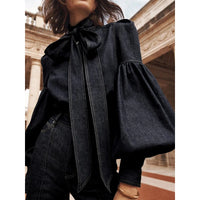 Women's Trendy Denim Puff Sleeve Blouse – Lightweight Long Sleeve Top - Modestly Vogue