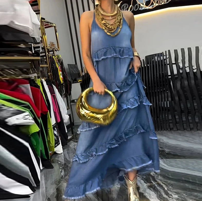 Casual Denim Ruffle Maxi Dress – Women’s Relaxed Lazy Style Long Dress - Modestly Vogue
