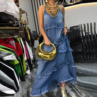 Casual Denim Ruffle Maxi Dress – Women’s Relaxed Lazy Style Long Dress - Modestly Vogue