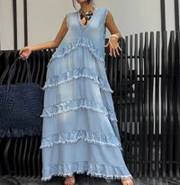 Casual Denim Ruffle Maxi Dress – Women’s Relaxed Lazy Style Long Dress - Modestly Vogue