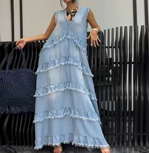 Casual Denim Ruffle Maxi Dress – Women’s Relaxed Lazy Style Long Dress - Modestly Vogue