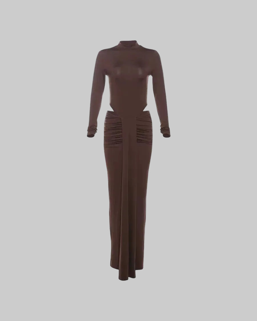 Earthtone Round Neck Patchwork Ruched Long Sleeve Maxi Dress