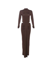 Earthtone Round Neck Patchwork Ruched Long Sleeve Maxi Dress