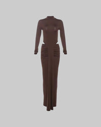 Earthtone Round Neck Patchwork Ruched Long Sleeve Maxi Dress
