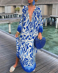 Elegant Retro Print Maxi Dress – Summer Casual V-Neck Fashion for Women - Modestly Vogue