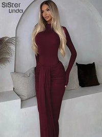 Earthtone Round Neck Patchwork Ruched Long Sleeve Maxi Dress