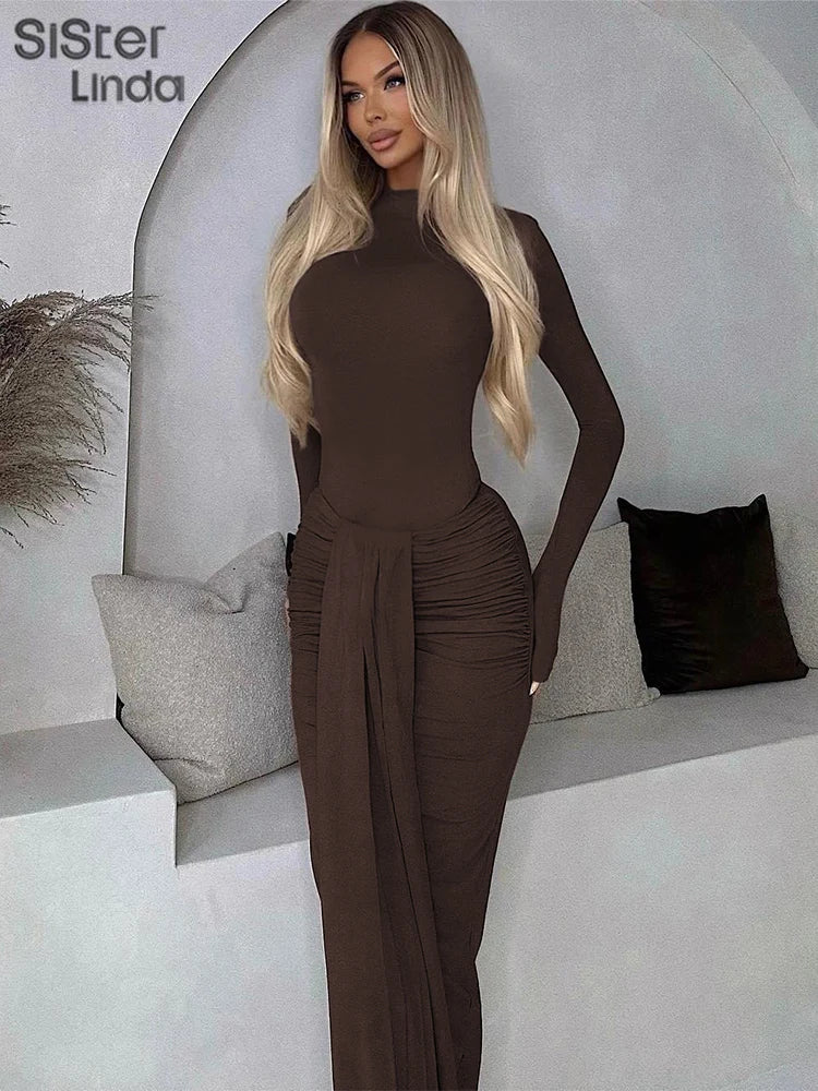 Earthtone Round Neck Patchwork Ruched Long Sleeve Maxi Dress