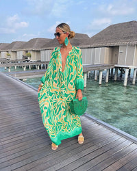 Elegant Retro Print Maxi Dress – Summer Casual V-Neck Fashion for Women - Modestly Vogue