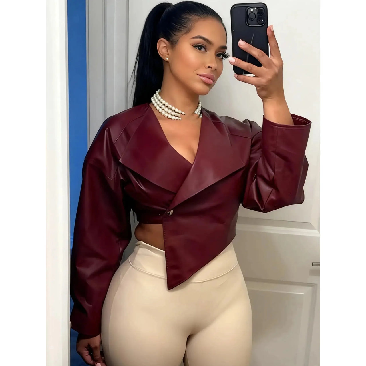 Deep Faux Leather Single Button Crop Jacket for Women - Autumn Trendy