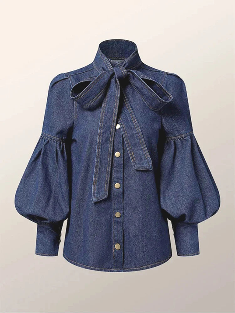 Women's Trendy Denim Puff Sleeve Blouse – Lightweight Long Sleeve Top - Modestly Vogue