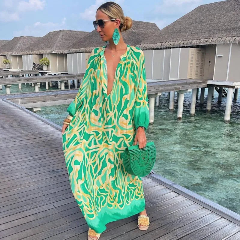 Elegant Retro Print Maxi Dress – Summer Casual V-Neck Fashion for Women - Modestly Vogue