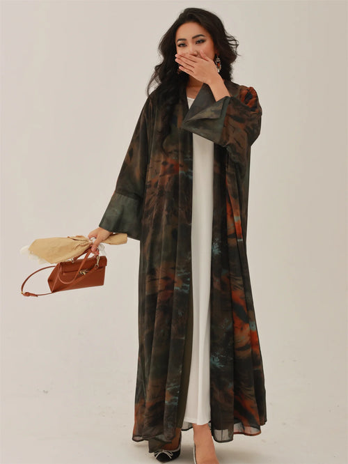 Open Front Tie-Dye Abaya – Modest Full Sleeve Arabian Style - Modestly Vogue