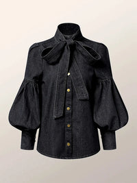 Women's Trendy Denim Puff Sleeve Blouse – Lightweight Long Sleeve Top - Modestly Vogue