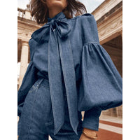 Women's Trendy Denim Puff Sleeve Blouse – Lightweight Long Sleeve Top - Modestly Vogue