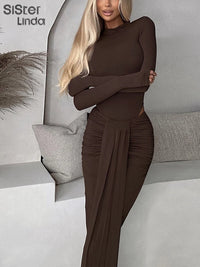 Earthtone Round Neck Patchwork Ruched Long Sleeve Maxi Dress