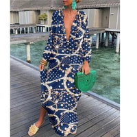 Elegant Retro Print Maxi Dress – Summer Casual V-Neck Fashion for Women - Modestly Vogue